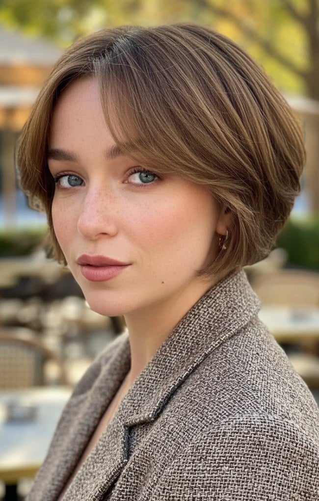 Chin Length Bob With Soft Waves And Side Part Chin Length Bob With Soft Waves And Side Part — Classy Bob with Curtain Bangs