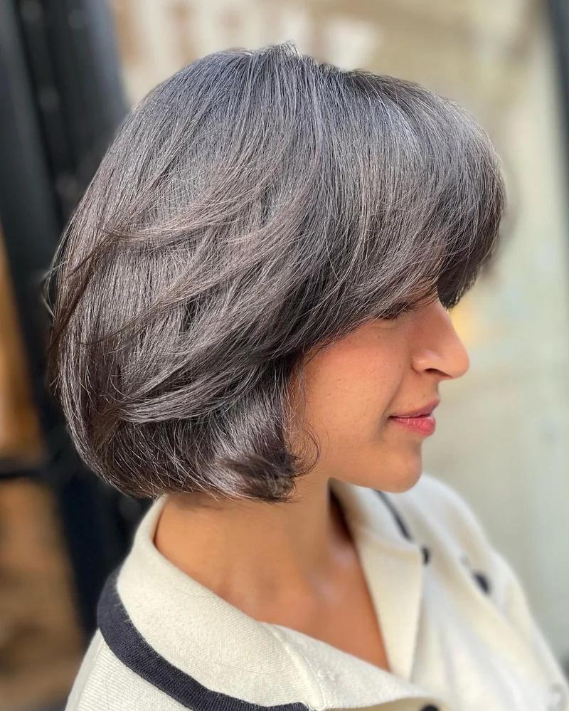 Short Layered Bob In Dark Gray Short Layered Bob In Dark Gray — Classy Bob with Curtain Bangs