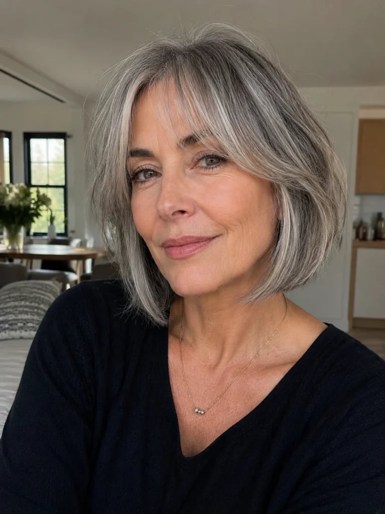 Elegant Gray Bob With Blended Curtain Bangs Elegant Gray Bob With Blended Curtain Bangs — Classy Bob with Curtain Bangs