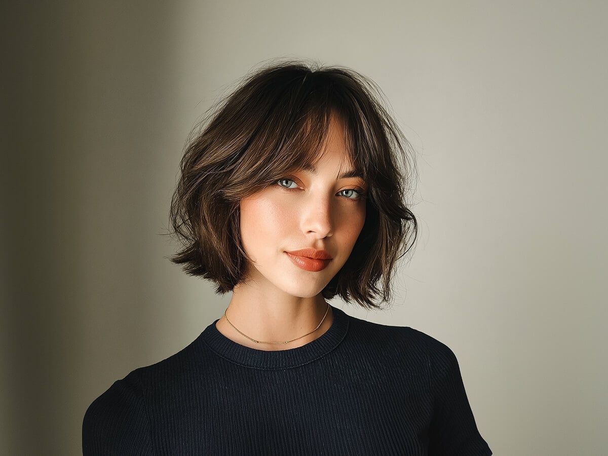 Dark Blonde Bob With Glossy Finish Dark Blonde Bob With Glossy Finish — Classy Bob with Curtain Bangs