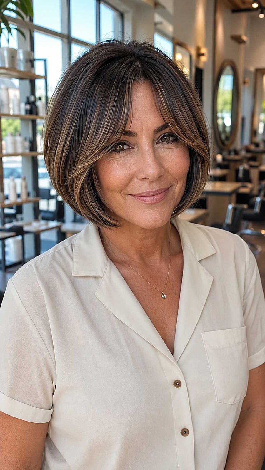 Chin Length Bob With Blonde Highlights and Face-Framing Curtain Bangs Chin Length Bob With Blonde Highlights and Face-Framing Curtain Bangs — Classy Bob with Curtain Bangs