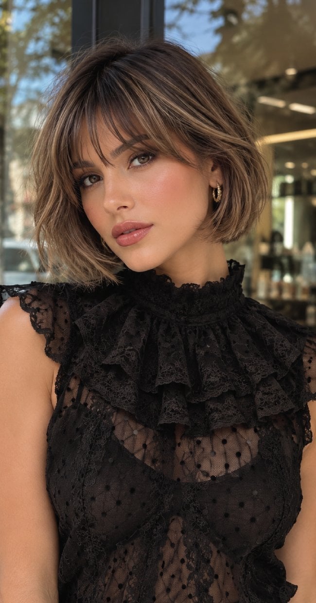 Textured Bob With Brown And Blonde Highlights Textured Bob With Brown And Blonde Highlights — Classy Bob with Curtain Bangs