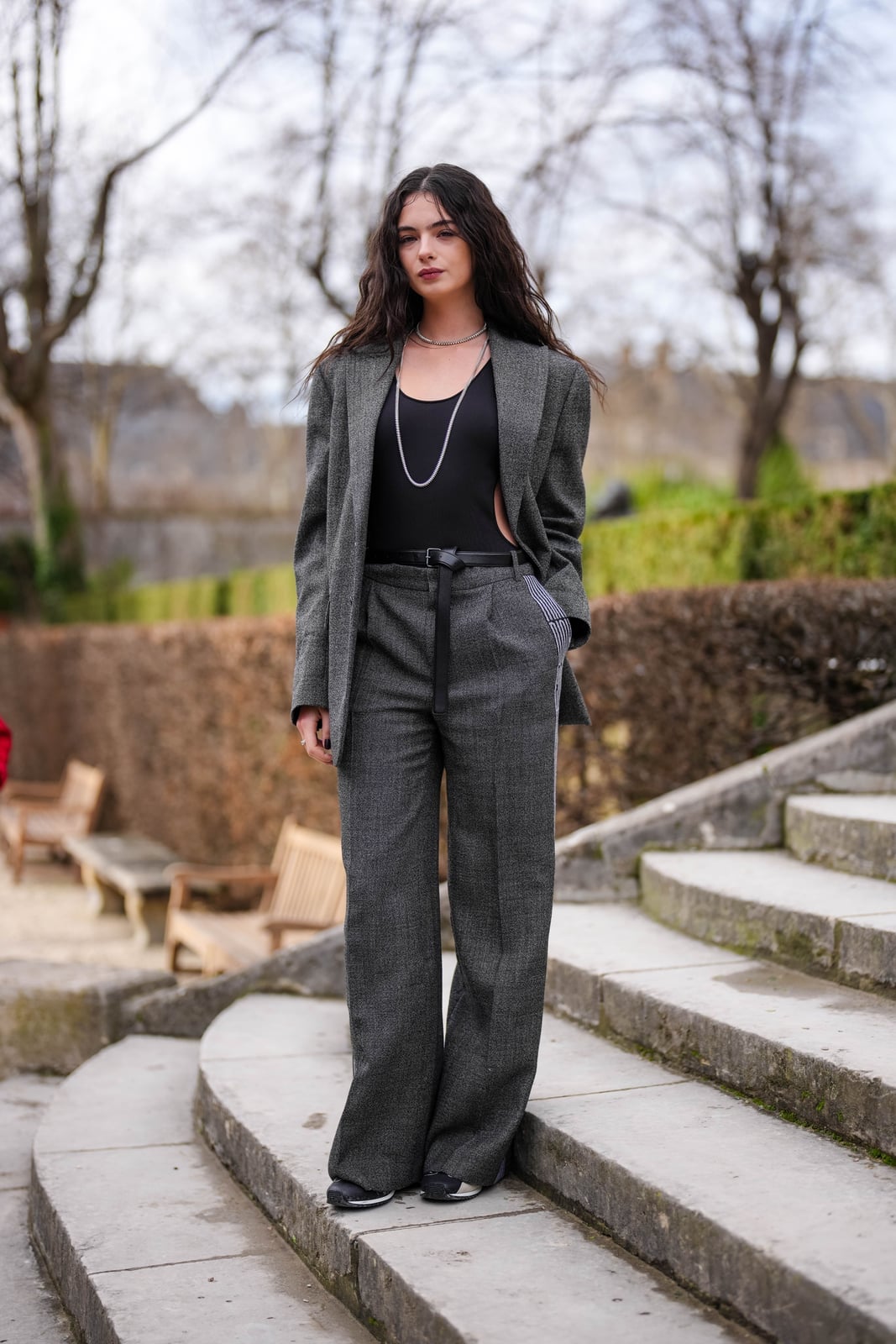 Black Bodysuit with Gray Blazer and Sneakers Black Bodysuit with Gray Blazer and Sneakers — Classy Bodysuit Outfits