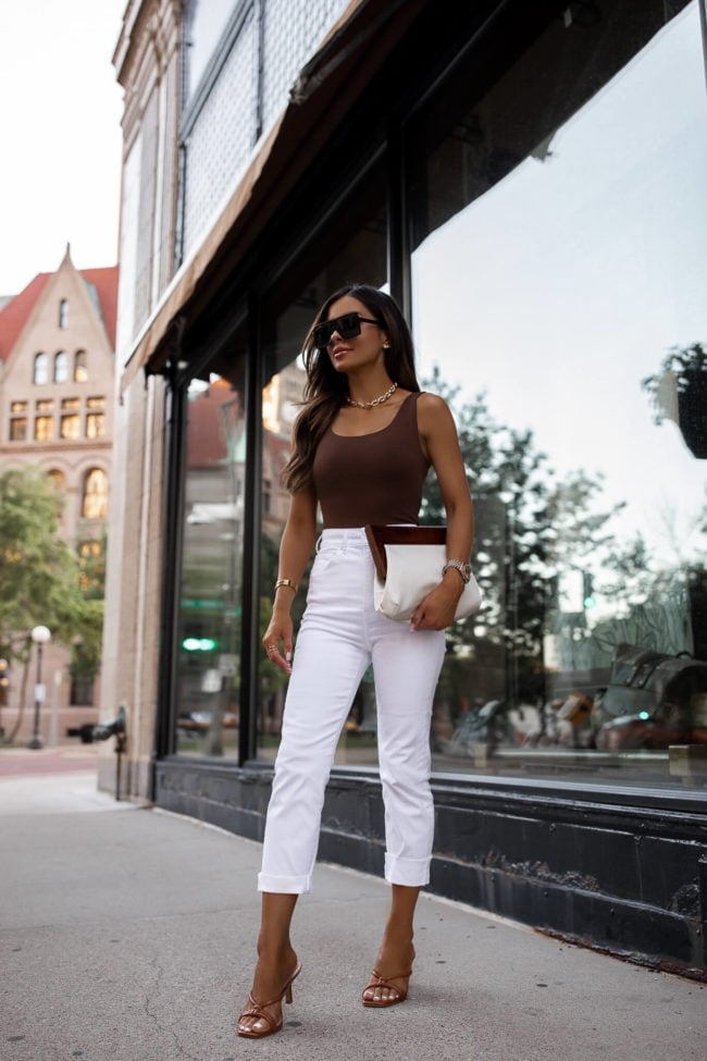 Sleeveless Bodysuit with White Straight-Leg Pants Sleeveless Bodysuit with White Straight-Leg Pants — Classy Bodysuit Outfits