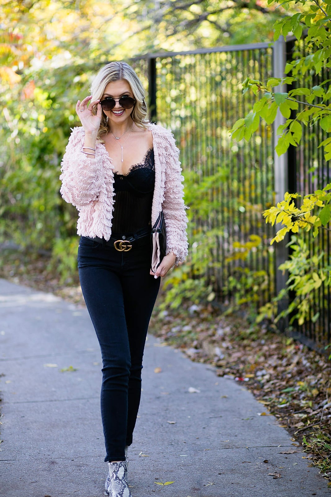 Black Lace Bodysuit Under Pink Cardigan with Skinny Jeans Black Lace Bodysuit Under Pink Cardigan with Skinny Jeans — Classy Bodysuit Outfits