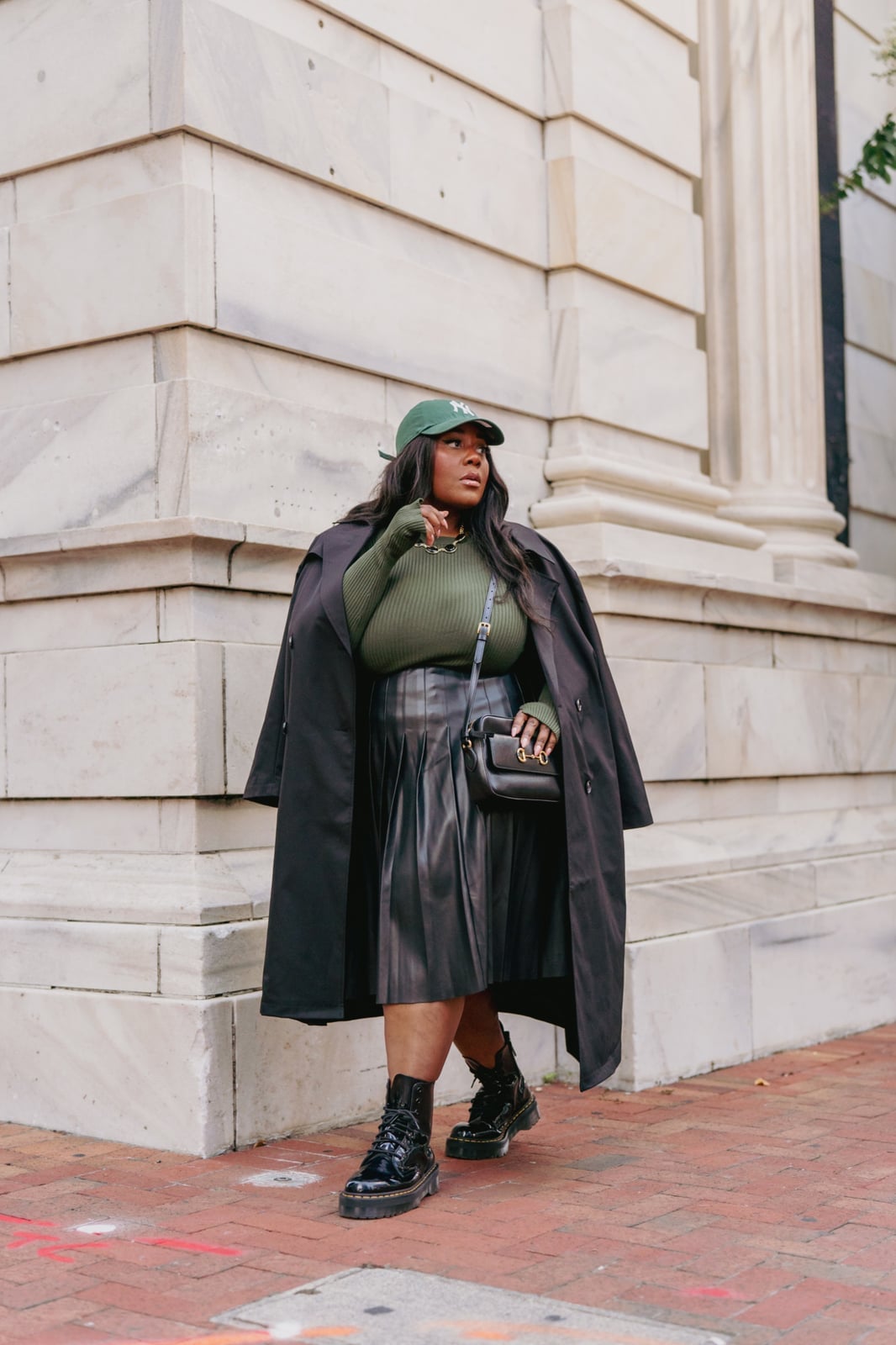 Turtleneck Bodysuit with Pleated Faux Leather Skirt and Trench Coat Turtleneck Bodysuit with Pleated Faux Leather Skirt and Trench Coat — Classy Bodysuit Outfits