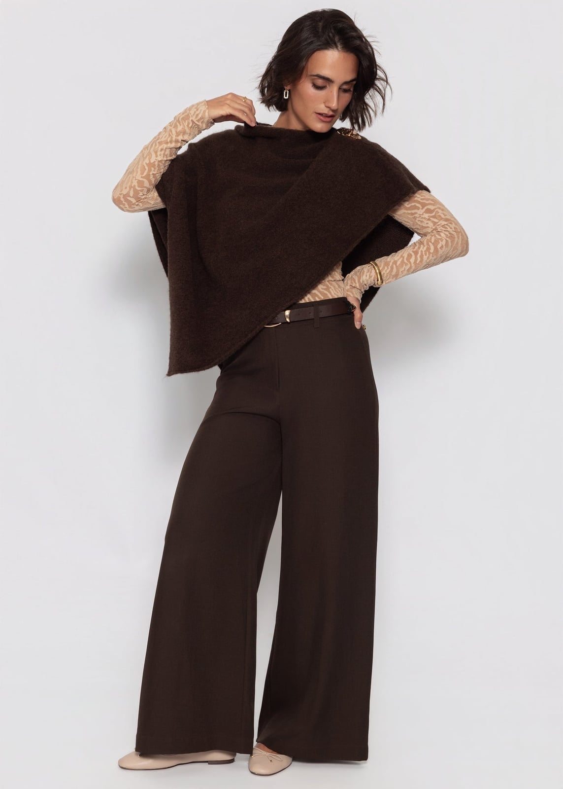Patterned Top and Poncho with Wide-Leg Trousers Patterned Top and Poncho with Wide-Leg Trousers — Classy Bodysuit Outfits