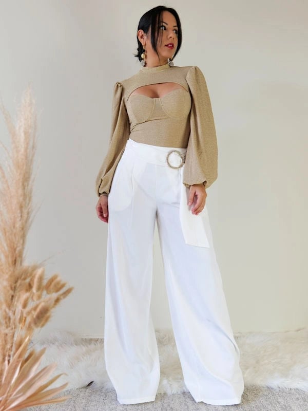 Gold Metallic Bodysuit with White Wide-Leg Trousers Gold Metallic Bodysuit with White Wide-Leg Trousers — Classy Bodysuit Outfits