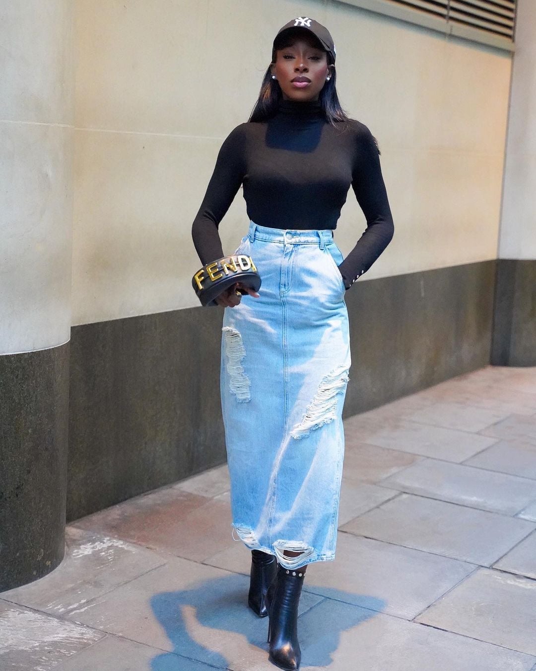 Turtleneck Bodysuit with Distressed Denim Maxi Skirt Turtleneck Bodysuit with Distressed Denim Maxi Skirt — Classy Bodysuit Outfits