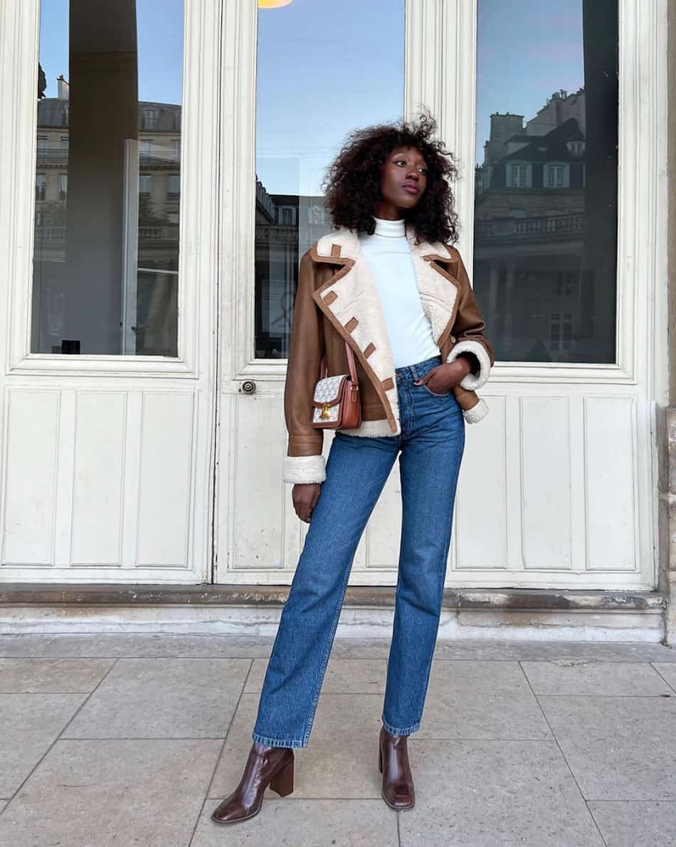 Turtleneck Bodysuit Under Aviator Jacket with Denim Jeans Turtleneck Bodysuit Under Aviator Jacket with Denim Jeans — Classy Bodysuit Outfits