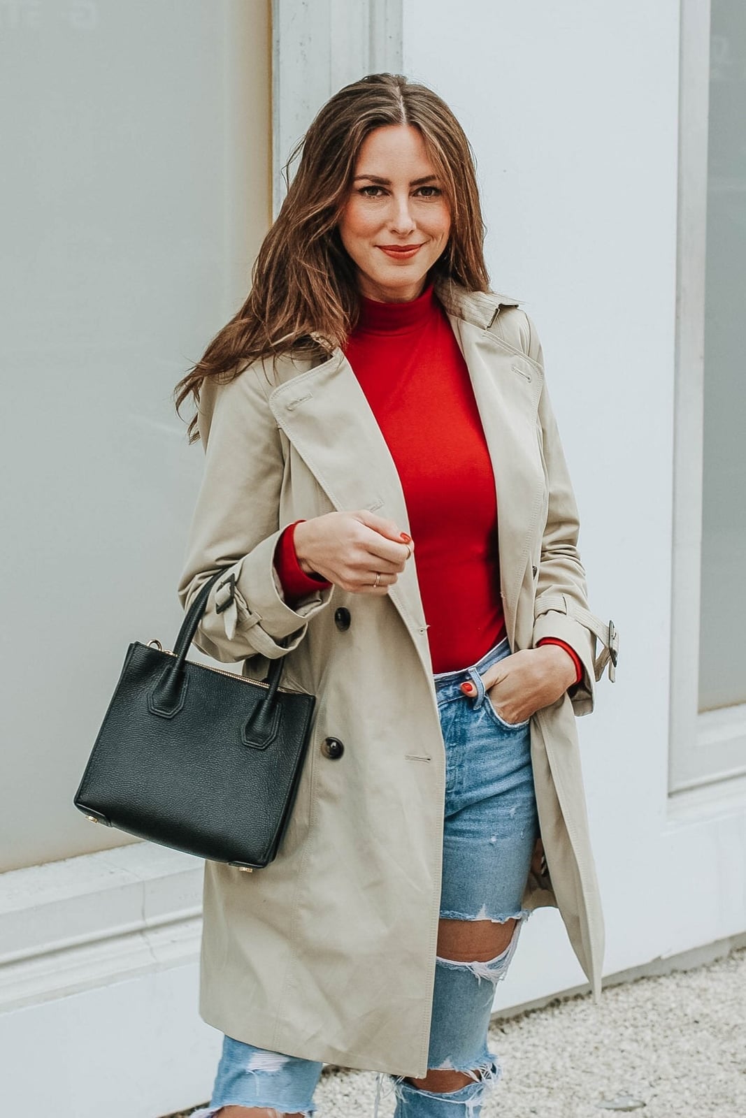 Red Turtleneck Bodysuit with Ripped Jeans and Trench Coat Red Turtleneck Bodysuit with Ripped Jeans and Trench Coat — Classy Bodysuit Outfits