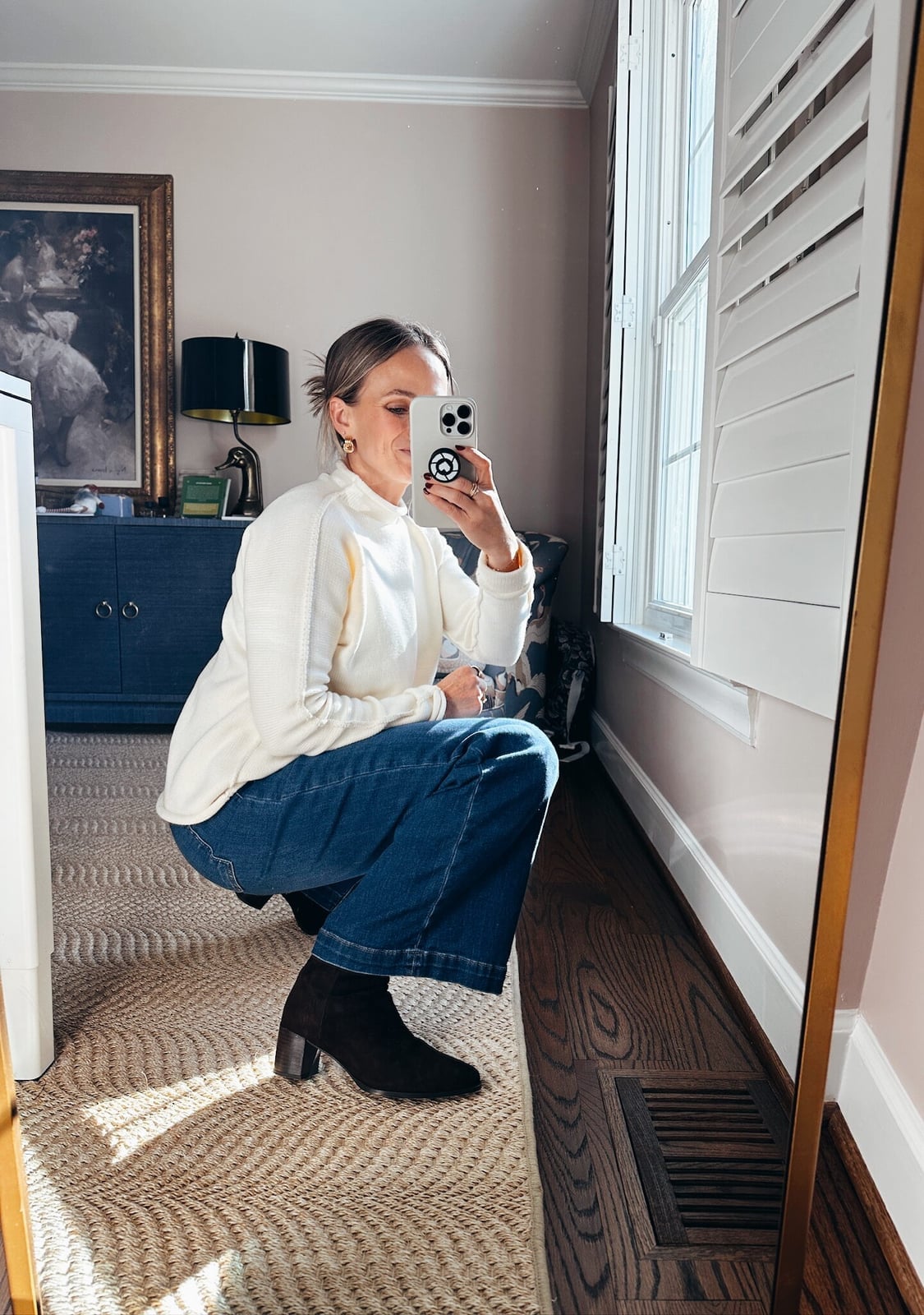 Blue Wide Leg Jeans with Cream Turtleneck and Suede Boots Blue Wide Leg Jeans with Cream Turtleneck and Suede Boots — Classy Boots Outfit Jeans