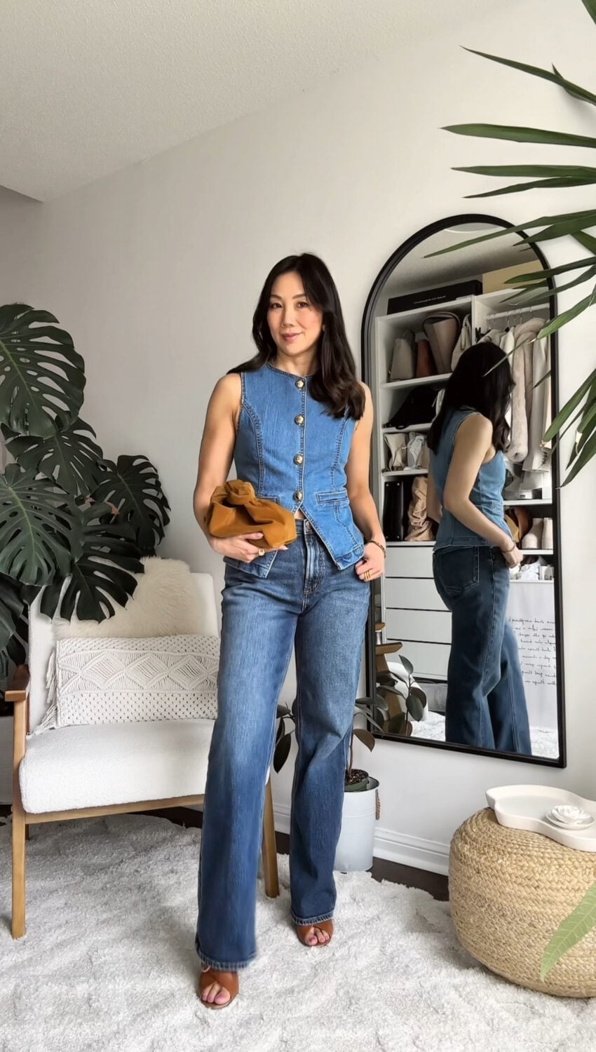 Blue Bootcut Jeans with Denim Vest and Heeled Boots Blue Bootcut Jeans with Denim Vest and Heeled Boots — Classy Boots Outfit Jeans