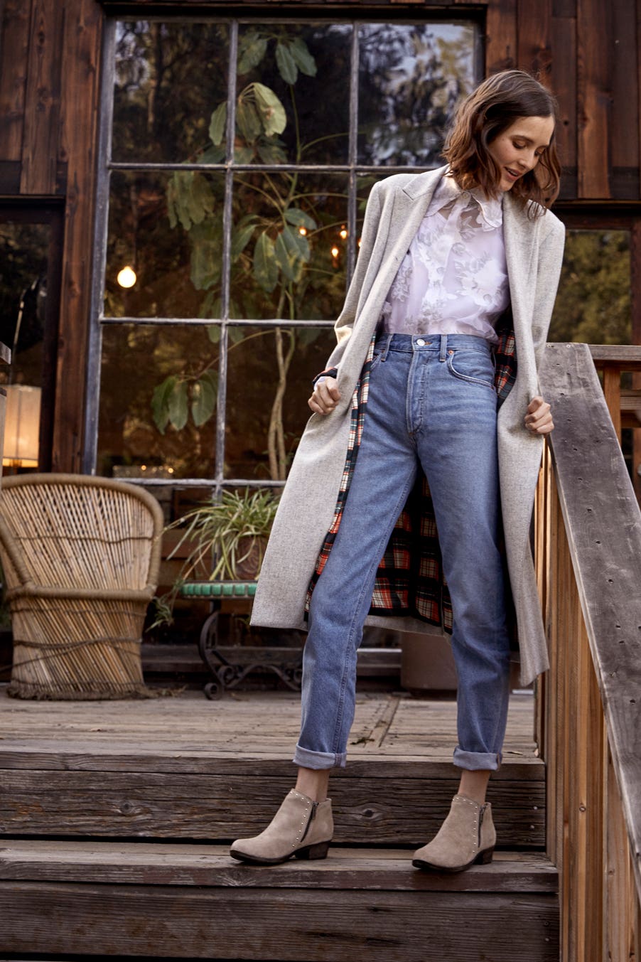 Straight Leg Jeans with Light Blue Blouse and Textured Coat Straight Leg Jeans with Light Blue Blouse and Textured Coat — Classy Boots Outfit Jeans