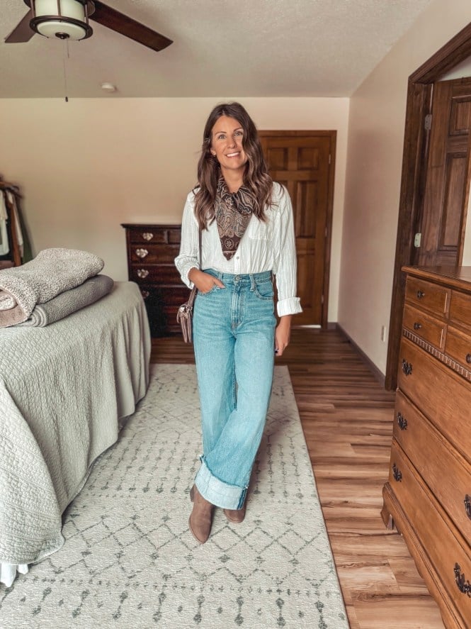 Light Wash Wide Leg Jeans with Patterned Scarf Light Wash Wide Leg Jeans with Patterned Scarf — Classy Boots Outfit Jeans