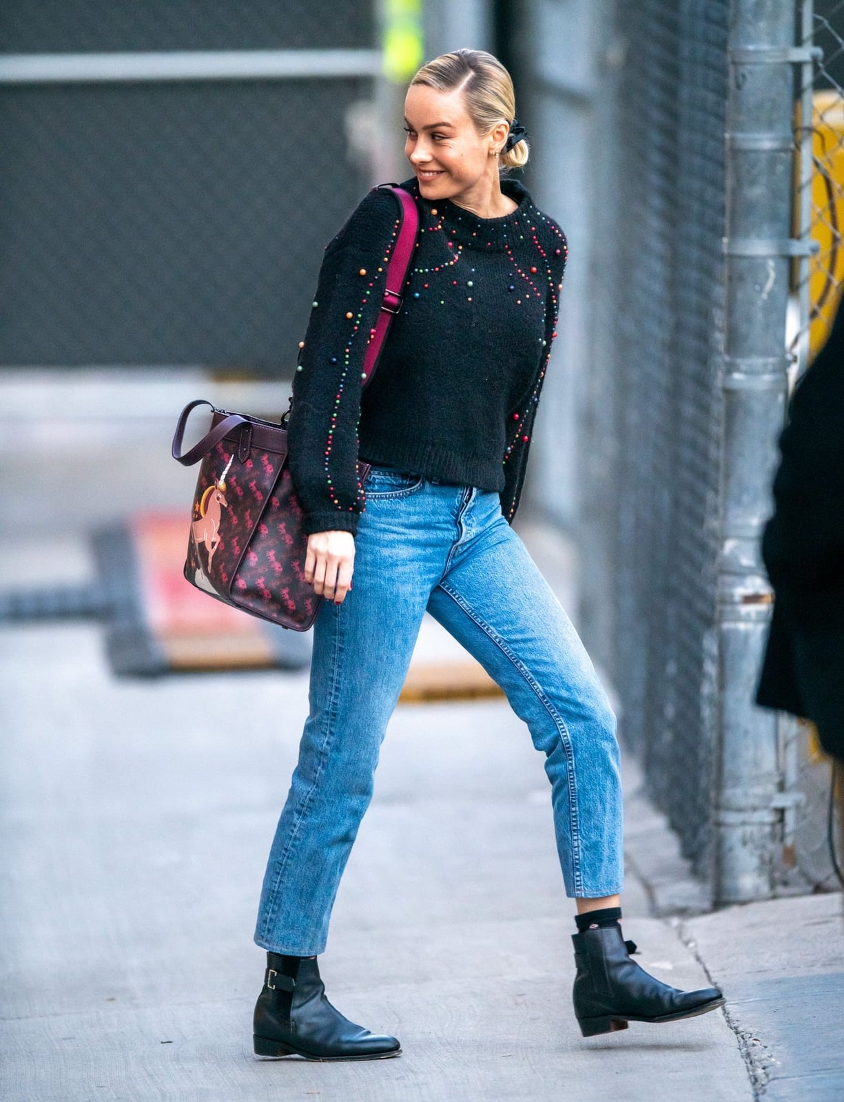 Blue Straight Leg Jeans with Beaded Sweater Blue Straight Leg Jeans with Beaded Sweater — Classy Boots Outfit Jeans