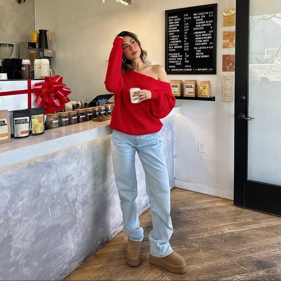Light Wash Straight Leg Jeans with Red Sweater and Tan Ugg-Style Boots Light Wash Straight Leg Jeans with Red Sweater and Tan Ugg-Style Boots — Classy Boots Outfit Jeans
