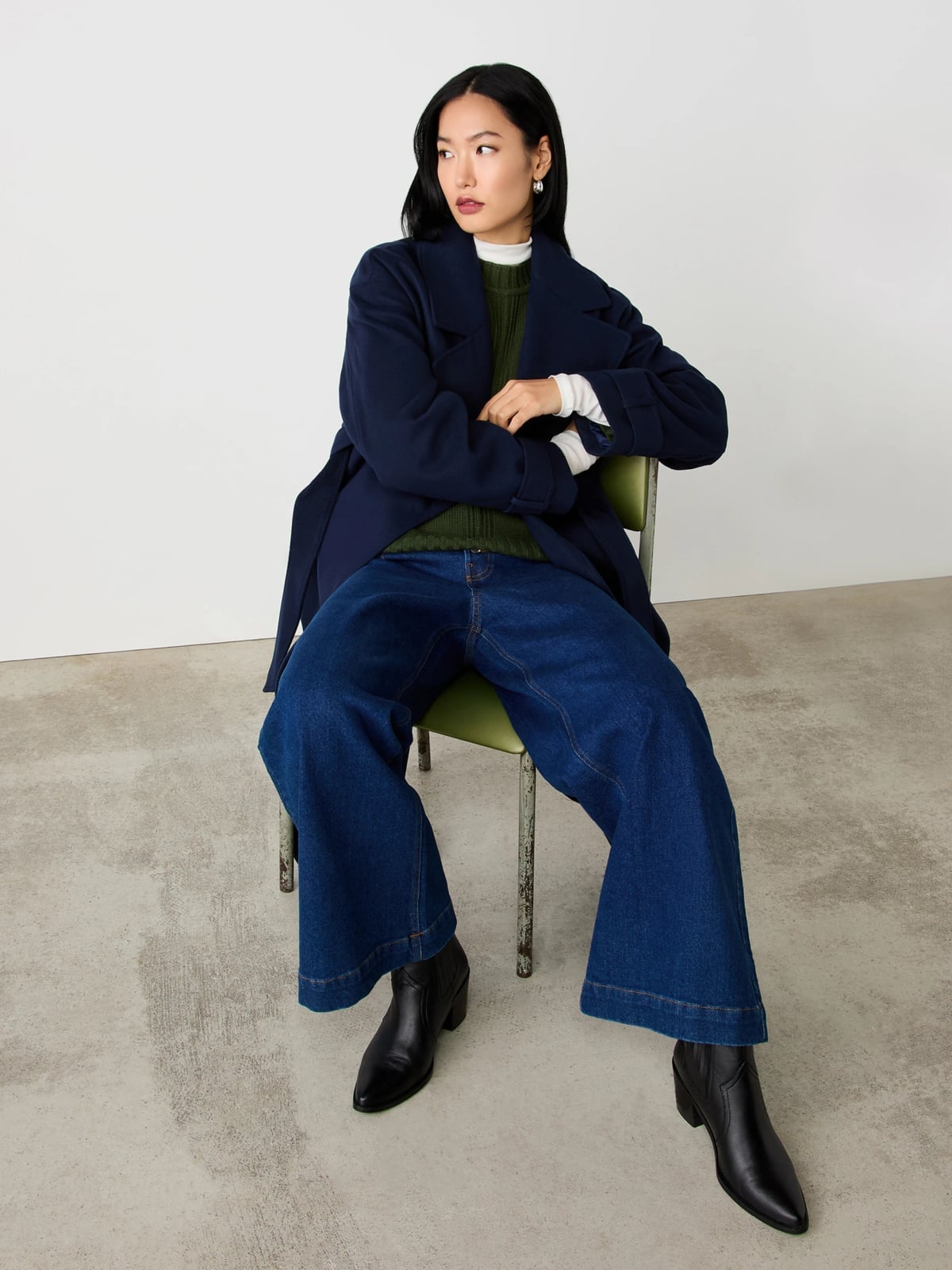 Wide Leg Dark Wash Jeans with Turtleneck and Green Sweater Wide Leg Dark Wash Jeans with Turtleneck and Green Sweater — Classy Boots Outfit Jeans