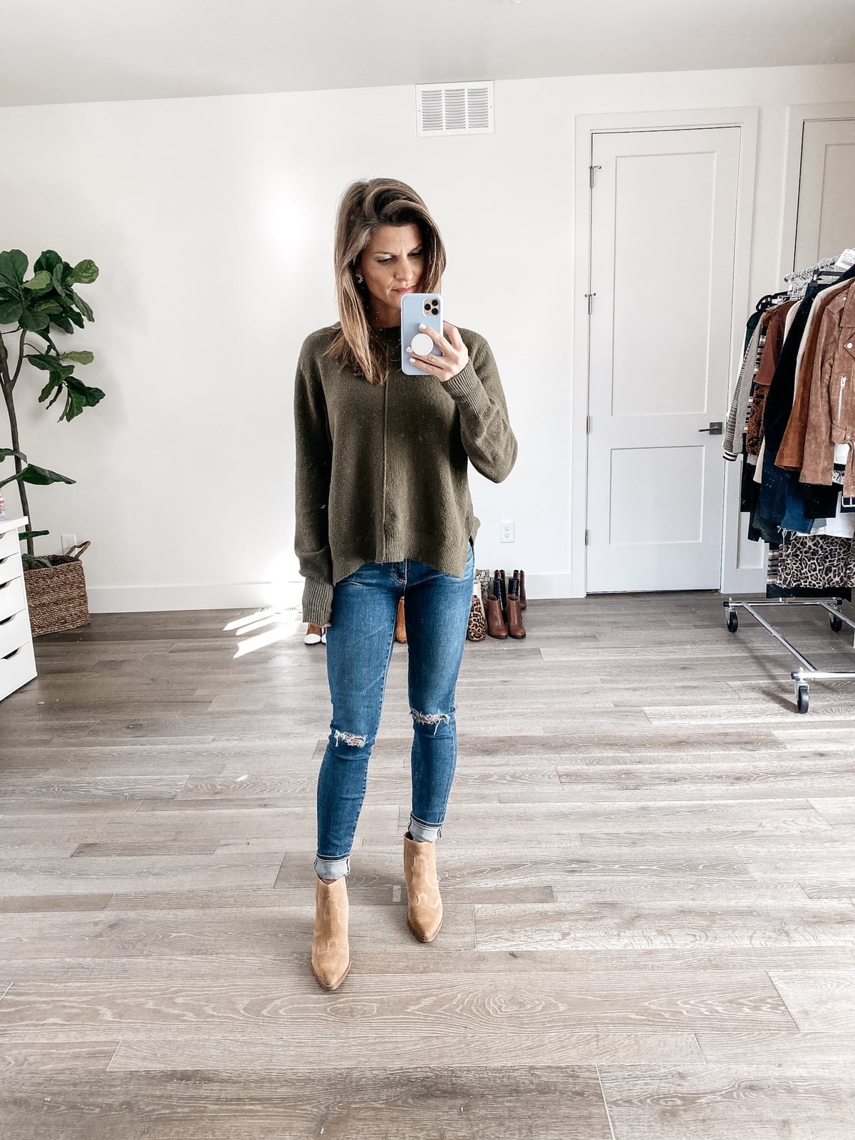 Distressed Blue Jeans with Olive Green Sweater Distressed Blue Jeans with Olive Green Sweater — Classy Boots Outfit Jeans