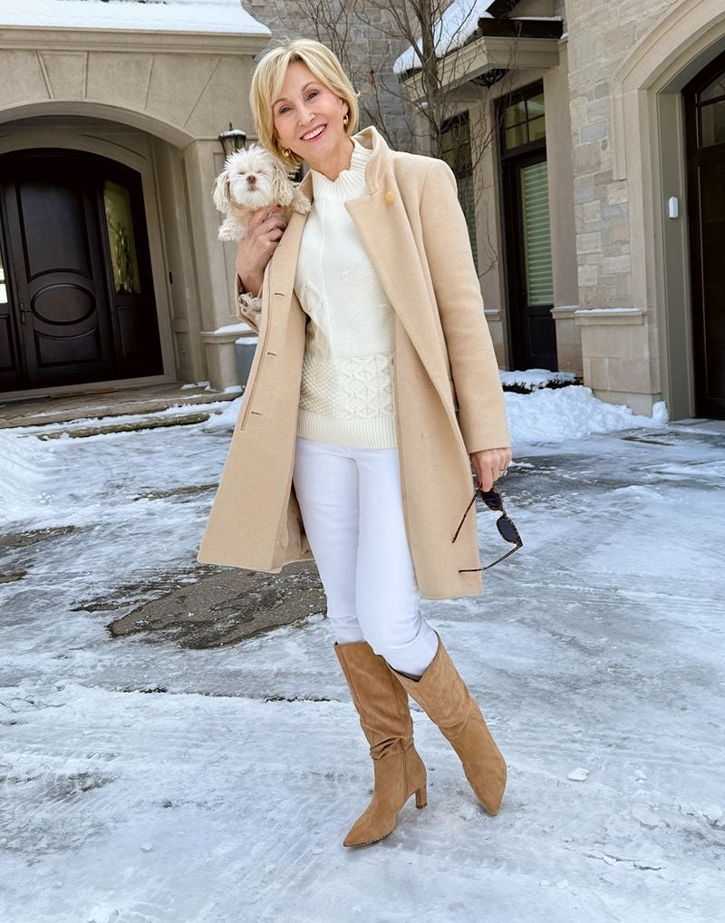 White Jeans with Cable Knit Sweater and Camel Coat White Jeans with Cable Knit Sweater and Camel Coat — Classy Boots Outfit Jeans