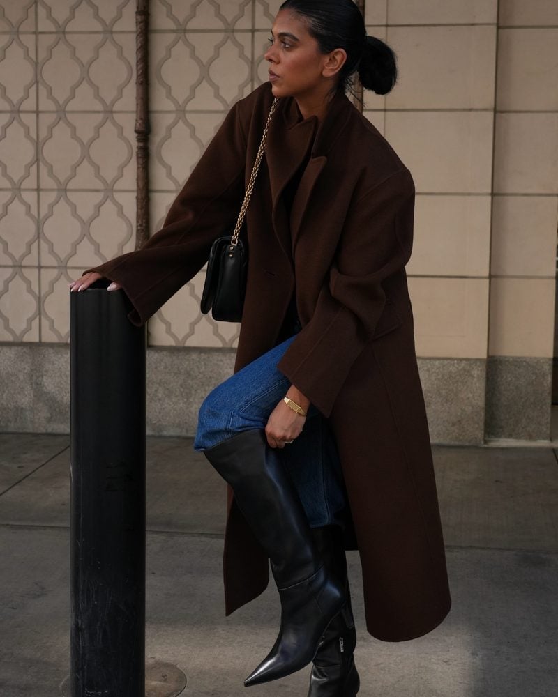 Blue Straight Leg Jeans with Oversized Wool Coat Blue Straight Leg Jeans with Oversized Wool Coat — Classy Boots Outfit Jeans