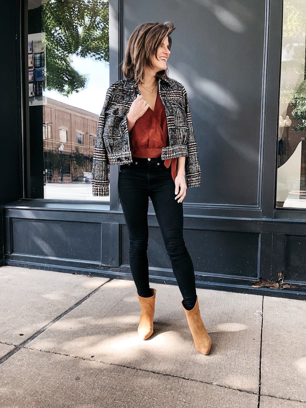 Black Skinny Jeans with Rust Camisole and Plaid Jacket Black Skinny Jeans with Rust Camisole and Plaid Jacket — Classy Boots Outfit Jeans