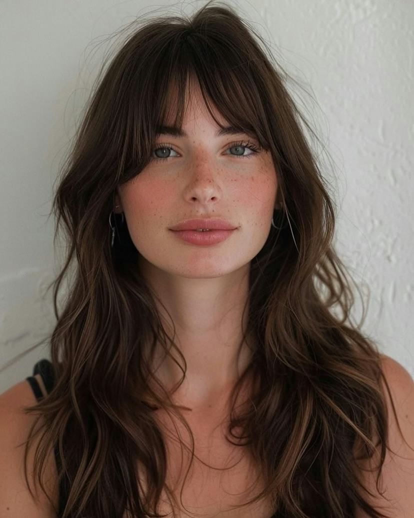 Mid-Back Wavy Hair With Bottleneck Bangs Mid-Back Wavy Hair With Bottleneck Bangs — Classy Bottleneck Bangs