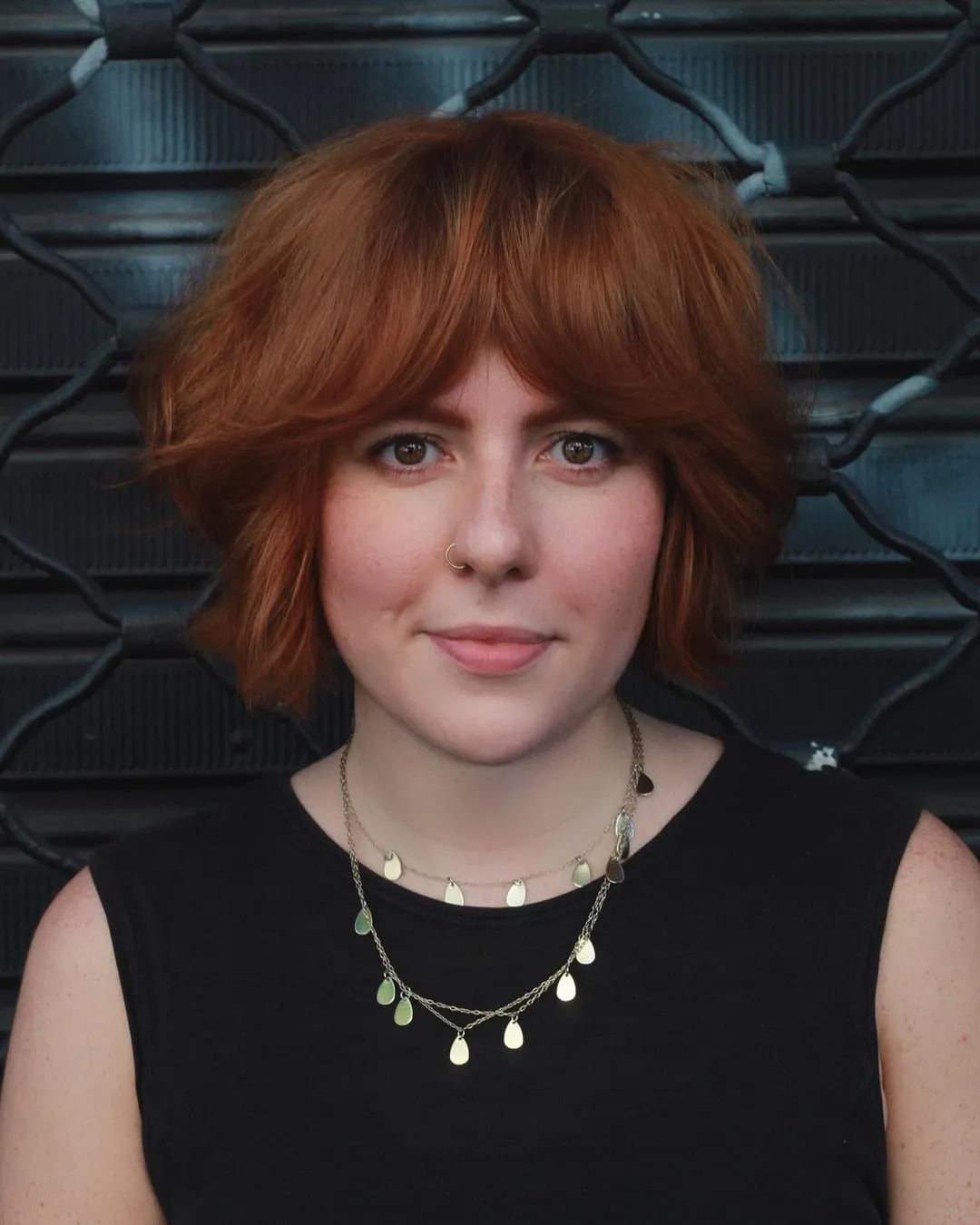 Chin Length Red Shag With Bottleneck Bangs, Wavy Chin Length Red Shag With Bottleneck Bangs, Wavy — Classy Bottleneck Bangs