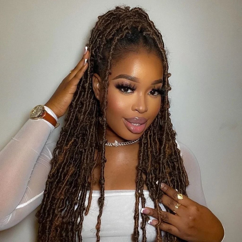 Mid-Back Medium Brown Faux Locs High Ponytail With Highlights, Middle — Classy Braids Locs