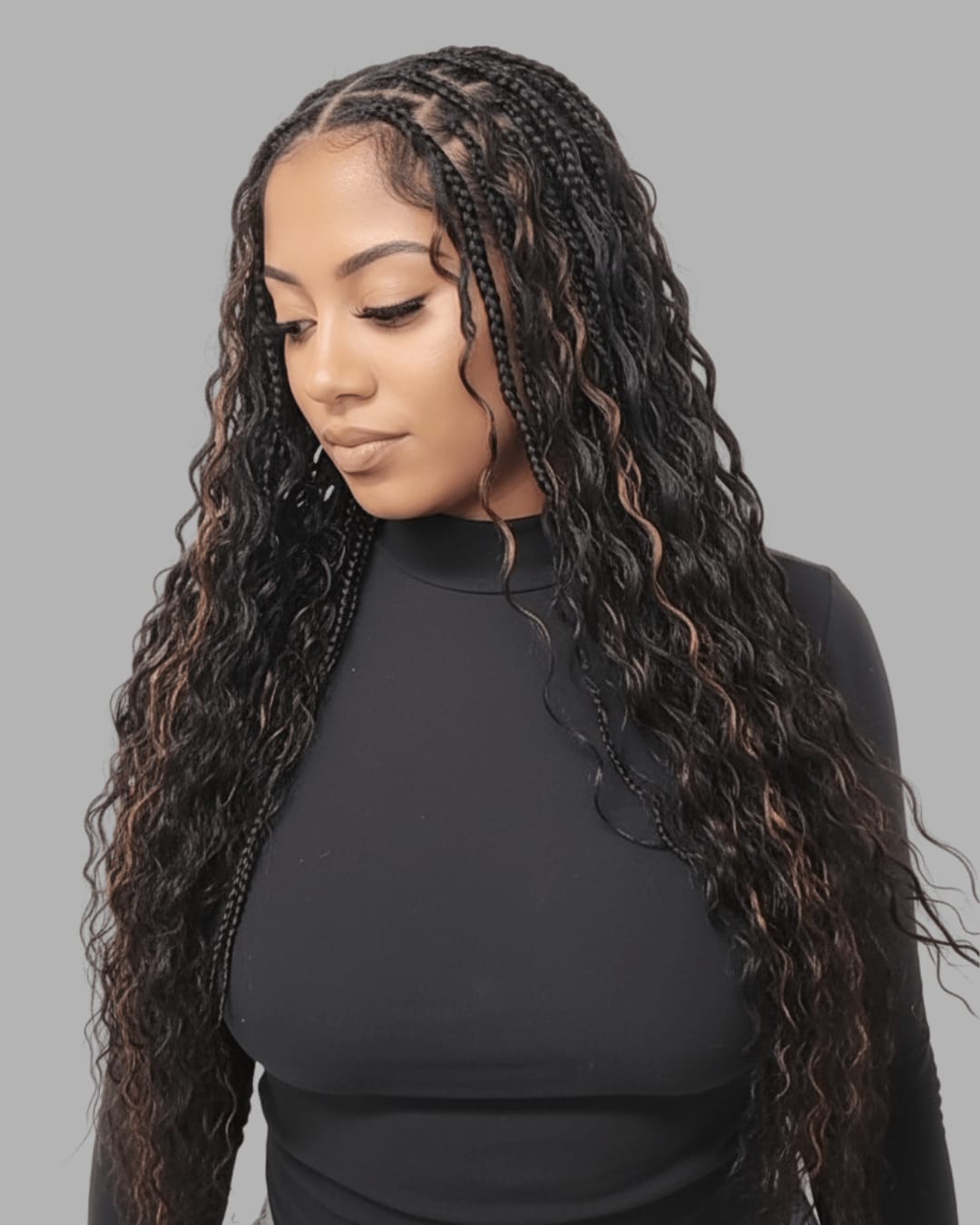 Mid-Back Black Box Braids With Blonde Highlights and Curly Ends — Classy Braids Locs