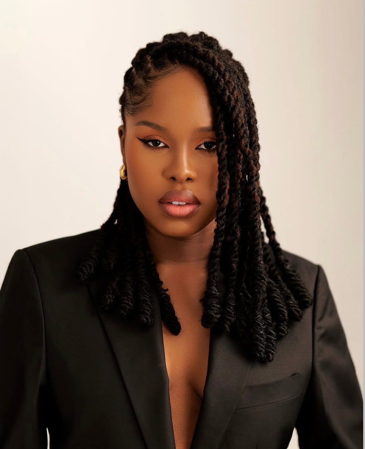 Collarbone Black Twisted Locs Swept Forward — Classy Braids Locs