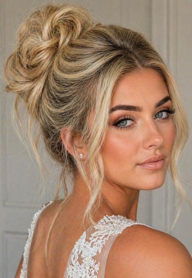 Blonde Updo With Soft Face-Framing Tendrils Blonde Updo With Soft Face-Framing Tendrils — Classy Bridal Bun