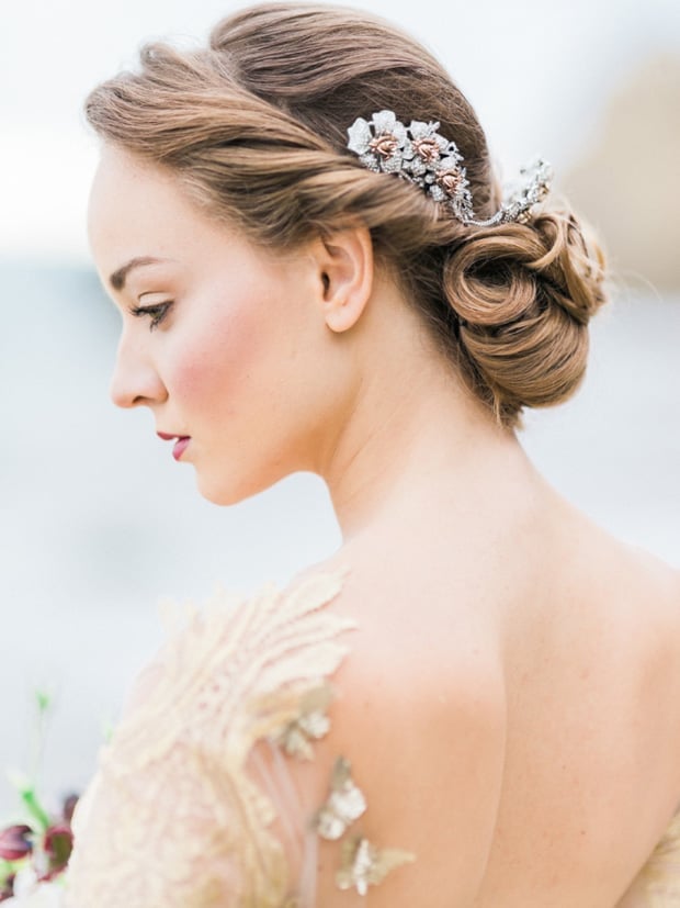 Blonde Low Bun With Side Part and Accessory Blonde Low Bun With Side Part and Accessory — Classy Bridal Bun