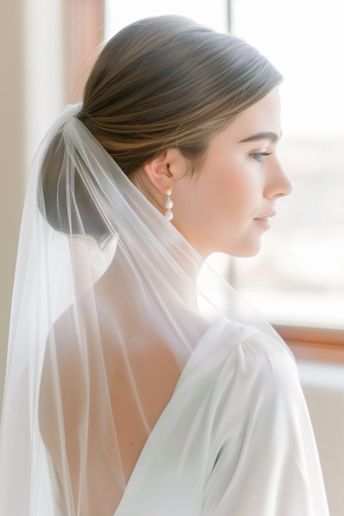 Medium Brown Low Bun With Veil Medium Brown Low Bun With Veil — Classy Bridal Bun