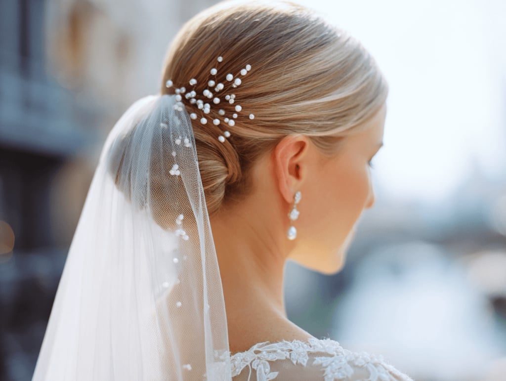 Blonde Updo With Pearl Veil and Accessory Blonde Updo With Pearl Veil and Accessory — Classy Bridal Bun