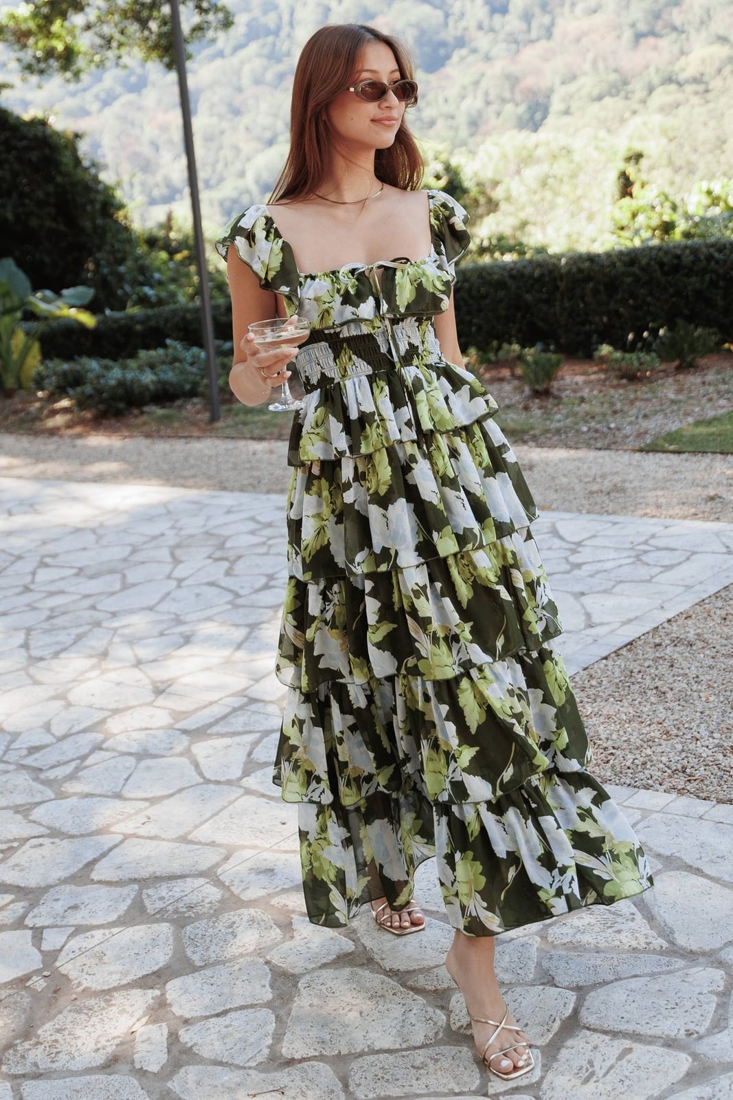 Green and White Floral Tiered Maxi Dress Green and White Floral Tiered Maxi Dress — Classy Bridal Shower Outfits for Guest