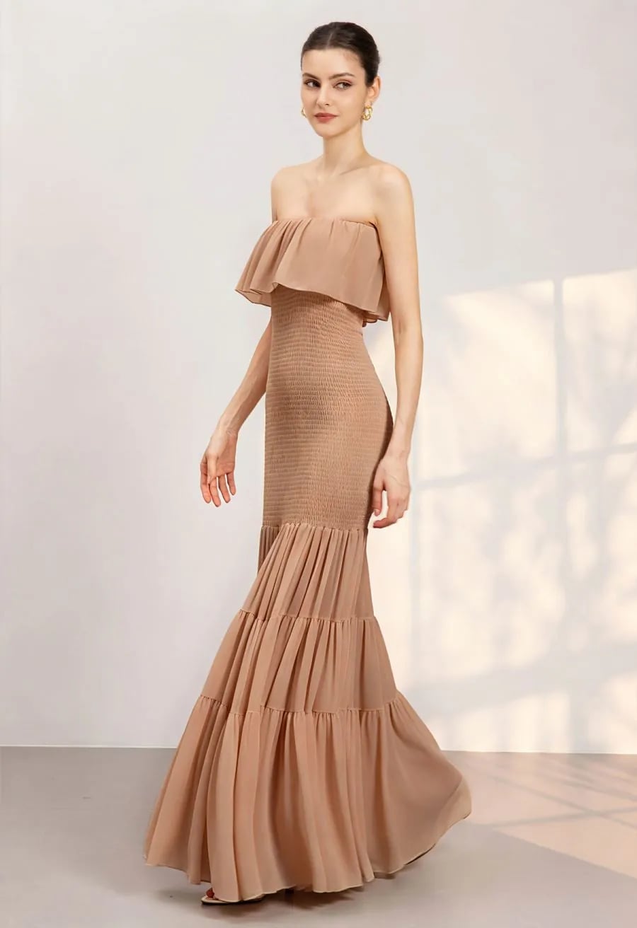 Beige Strapless Maxi Dress with Smocked Bodice Beige Strapless Maxi Dress with Smocked Bodice — Classy Bridal Shower Outfits for Guest