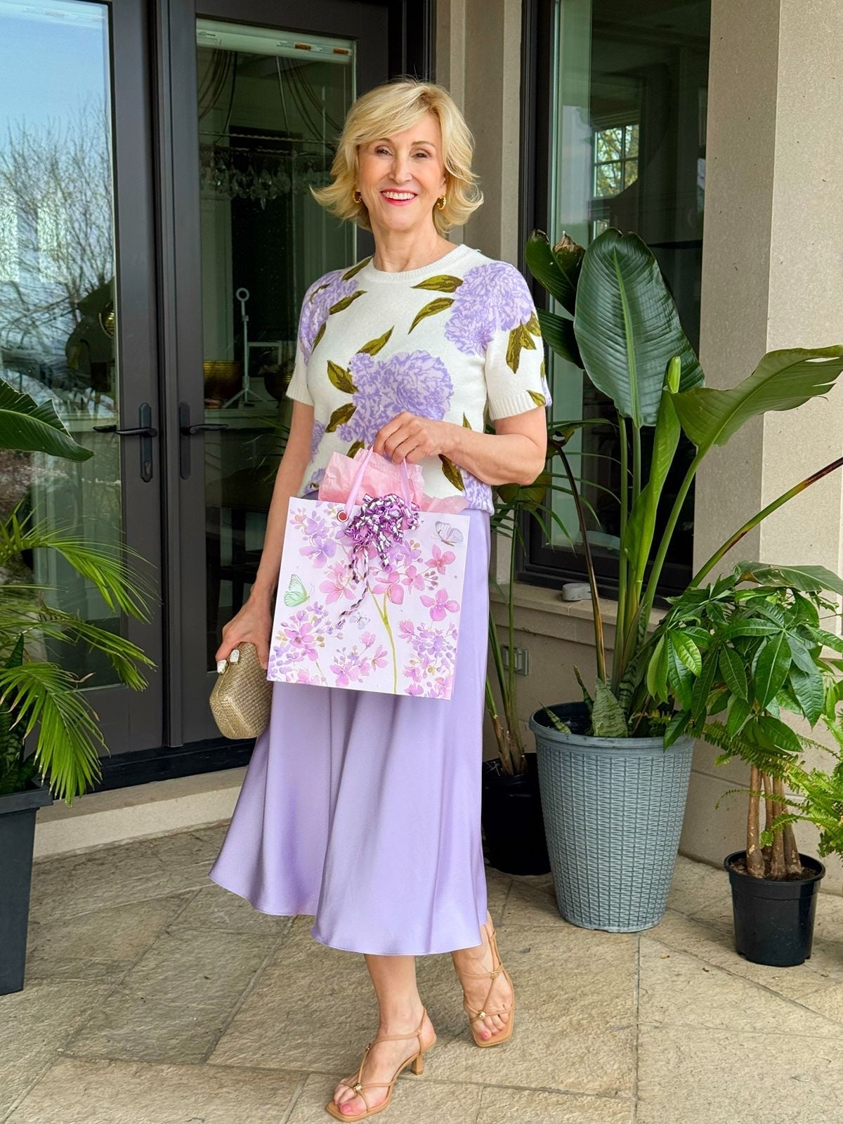 Floral Print Knit Top and Lilac Satin Skirt Floral Print Knit Top and Lilac Satin Skirt — Classy Bridal Shower Outfits for Guest