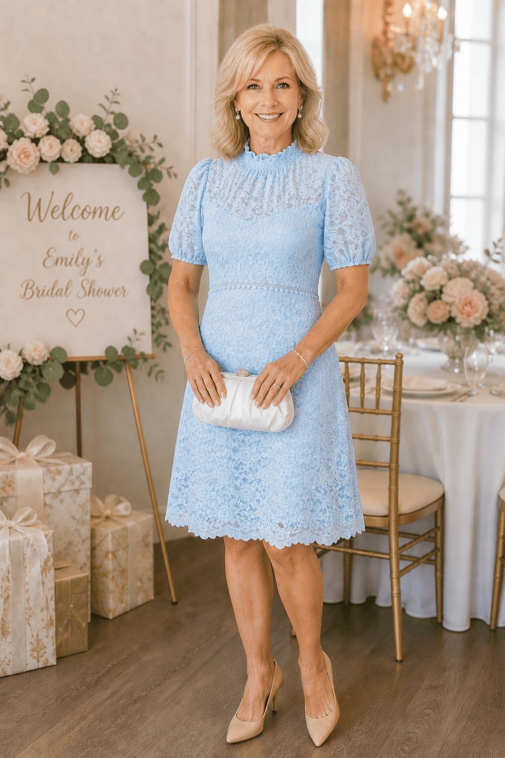 Light Blue Lace Dress with Puff Sleeves Light Blue Lace Dress with Puff Sleeves — Classy Bridal Shower Outfits for Guest