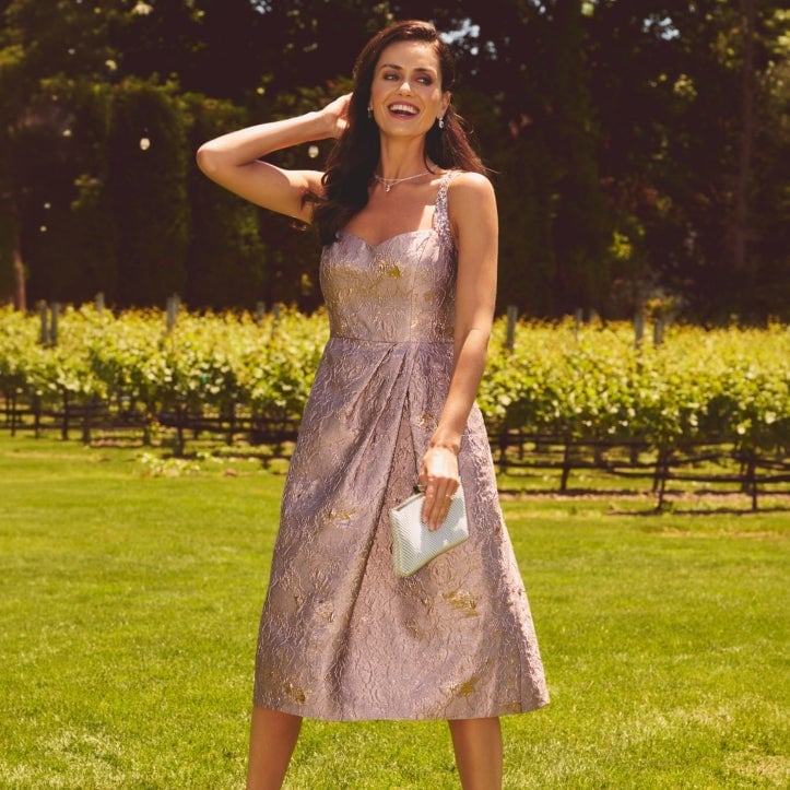 Rose Gold Brocade Midi Dress Rose Gold Brocade Midi Dress — Classy Bridal Shower Outfits for Guest