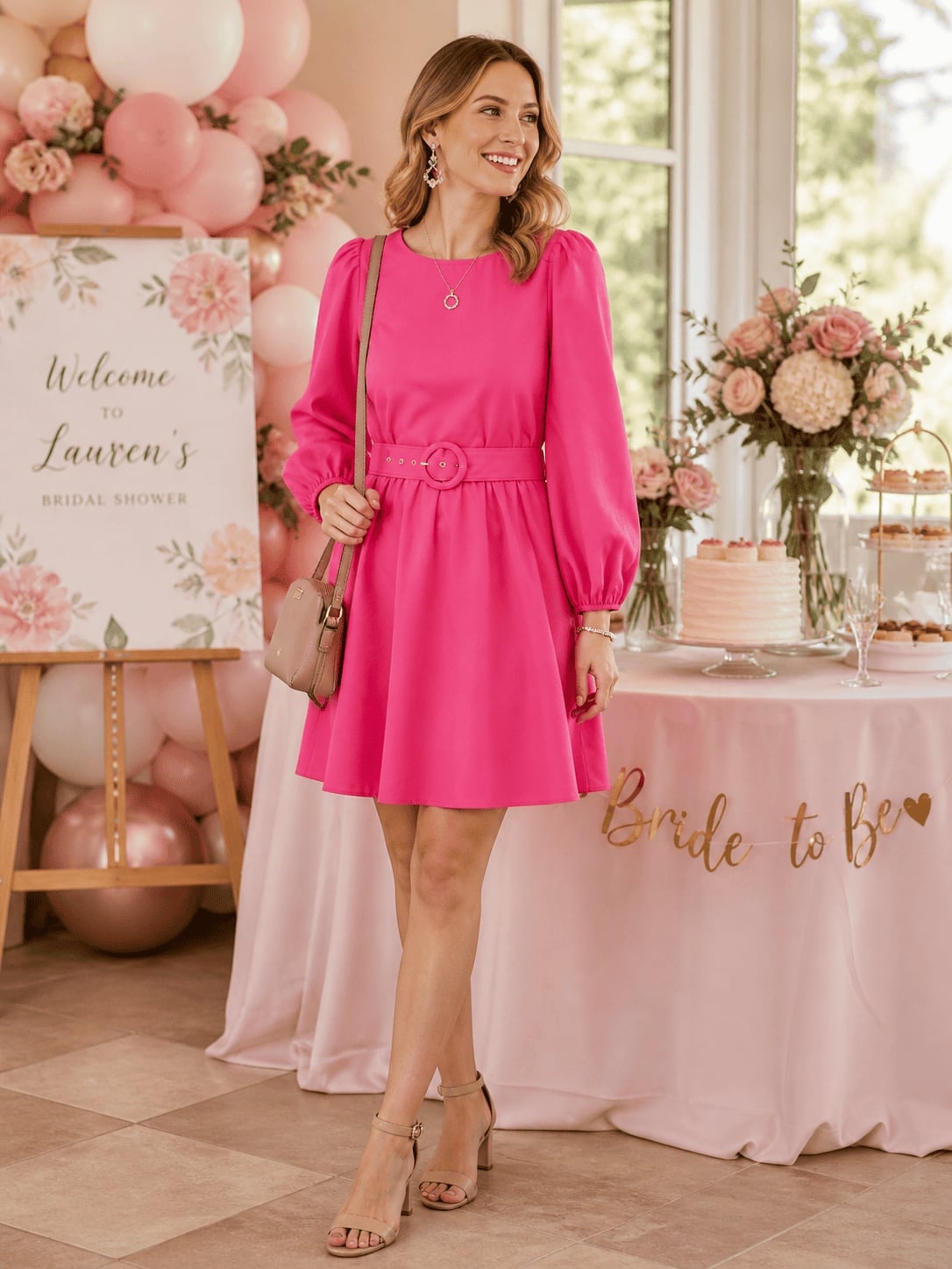 Hot Pink Mini Dress with Puff Sleeves Hot Pink Mini Dress with Puff Sleeves — Classy Bridal Shower Outfits for Guest