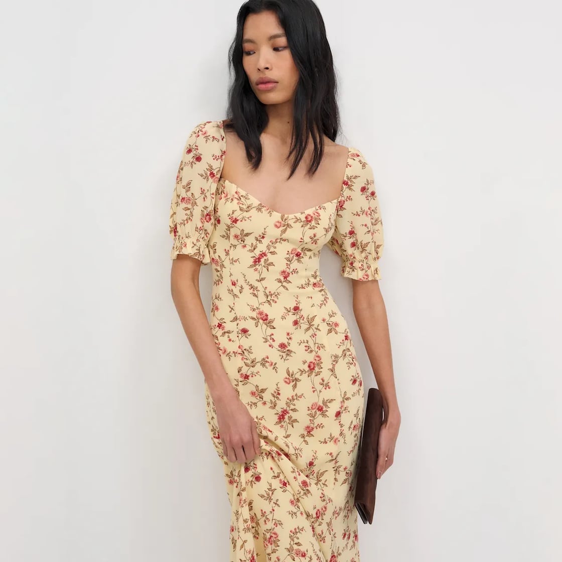 Pale Yellow Floral Print Midi Dress Pale Yellow Floral Print Midi Dress — Classy Bridal Shower Outfits for Guest