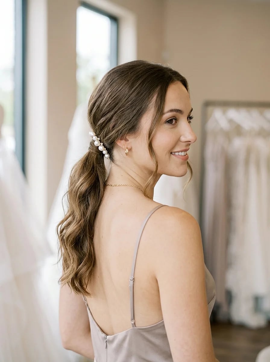 Dark Blonde Ponytail With Pearl Hair Pins Dark Blonde Ponytail With Pearl Hair Pins — Classy Bridesmaid Ponytail