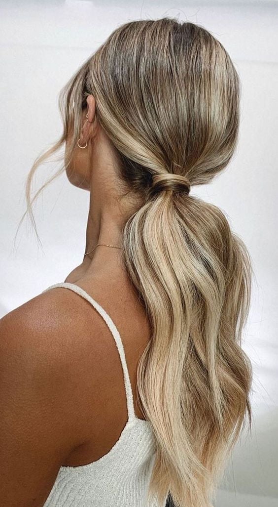 Ash Blonde Ponytail With Curtain Bangs Ash Blonde Ponytail With Curtain Bangs — Classy Bridesmaid Ponytail