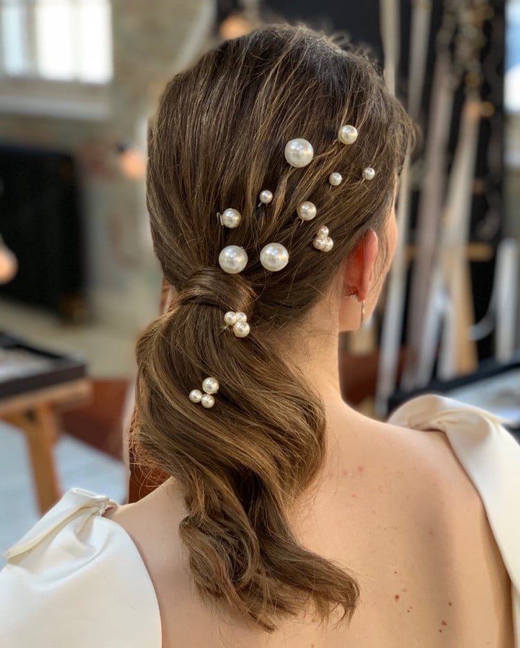Dark Brown Low Ponytail With Pearl Pins Dark Brown Low Ponytail With Pearl Pins — Classy Bridesmaid Ponytail