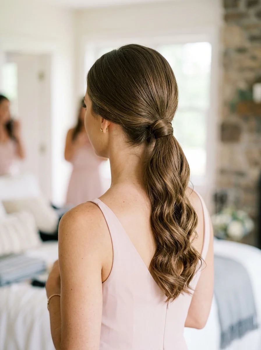 Medium Brown Low Ponytail With Hair Wrap Medium Brown Low Ponytail With Hair Wrap — Classy Bridesmaid Ponytail