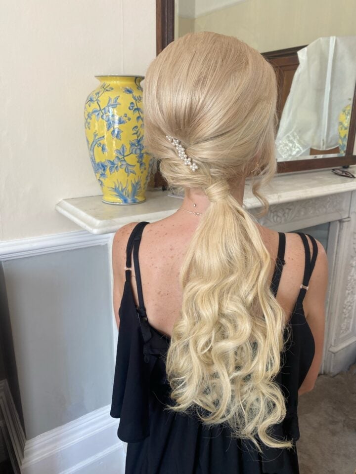 Platinum Blonde Ponytail With Accessory Platinum Blonde Ponytail With Accessory — Classy Bridesmaid Ponytail