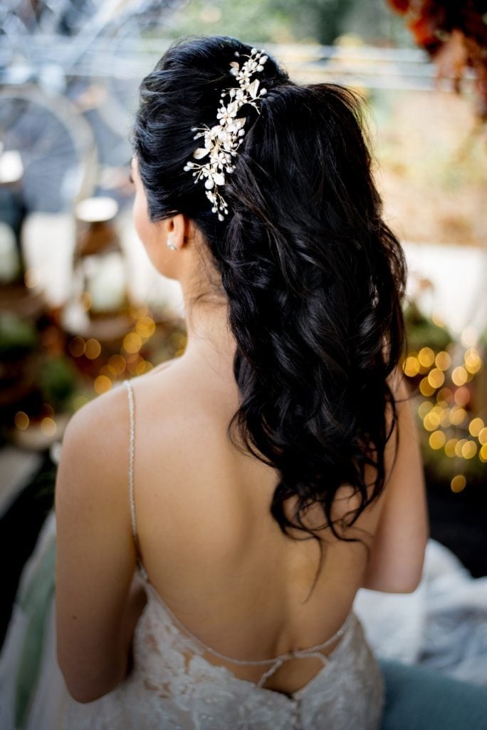 Dark Brown Ponytail With Floral Accessory Dark Brown Ponytail With Floral Accessory — Classy Bridesmaid Ponytail
