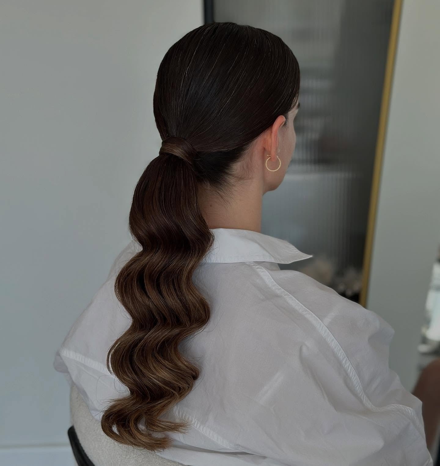 Dark Brown Ponytail With Deep Hollywood Waves Dark Brown Ponytail With Deep Hollywood Waves — Classy Bridesmaid Ponytail