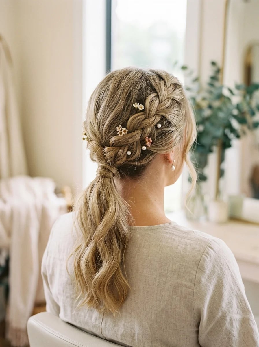 Braided Crown Ponytail With Pearl Hairpins Braided Crown Ponytail With Pearl Hairpins — Classy Bridesmaid Ponytail